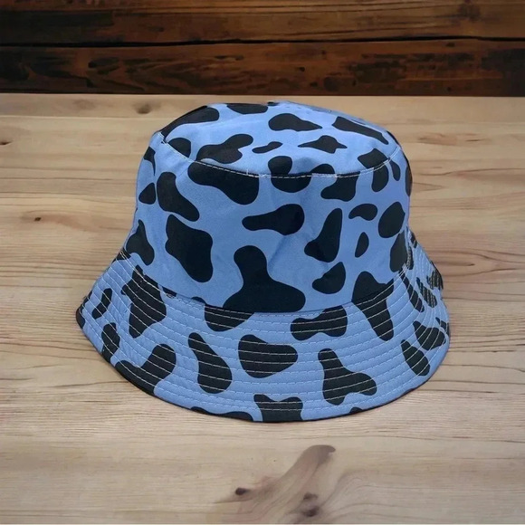 Boutique Blue and Black Cow Print Fully Reversible Bucket Hat Trendy OSFM - Picture 4 of 6
